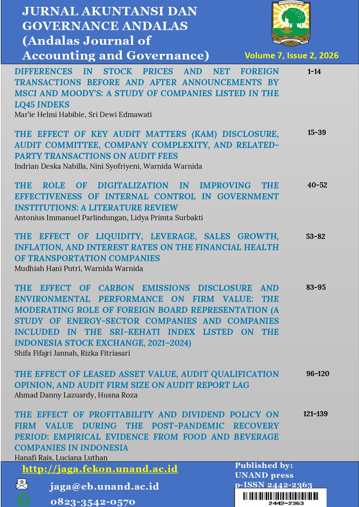 					View Vol. 7 No. 2 (2026): JURNAL AKUNTANSI DAN GOVERNANCE ANDALAS
				